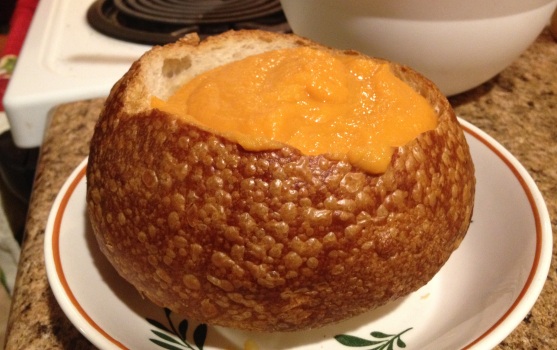 carrot soup in bread bowl